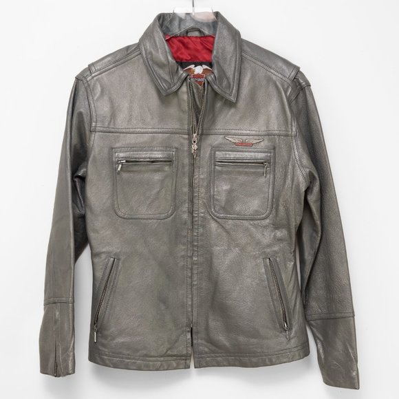 Harley Davidson Genuine Leather Jacket Motorcycle Biker Grey Silver Size Small - Picture 1 of 12